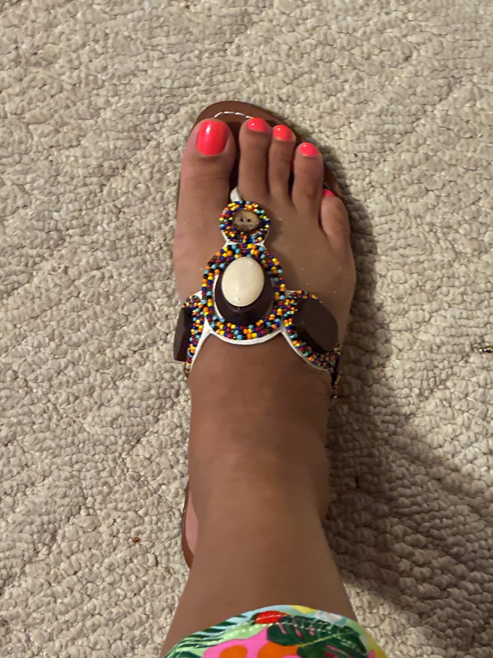 BCBG Multicolor Beaded Tan Leather Thong Sandals